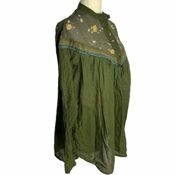Free People Hearts Colors Retro Blouse M Green Boho Floral Buttons Pockets - Picture 3 of 5